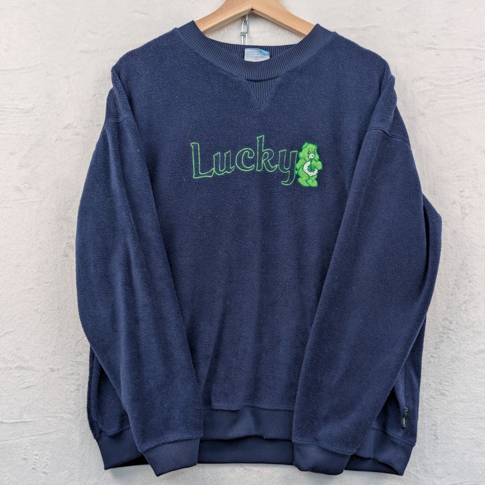 VTG Care Bears Sweatshirt Women's XL Navy Blue Good Luck Bear Fleece Relaxed Y2K